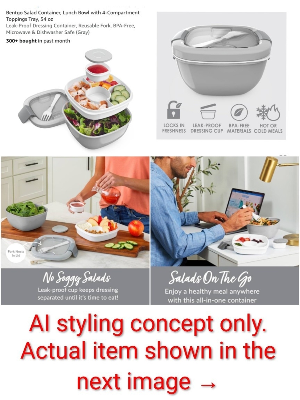 Bentgo Salad Container, Lunch Bowl with 4-Compartment Toppings Tray, 54 oz *Gray